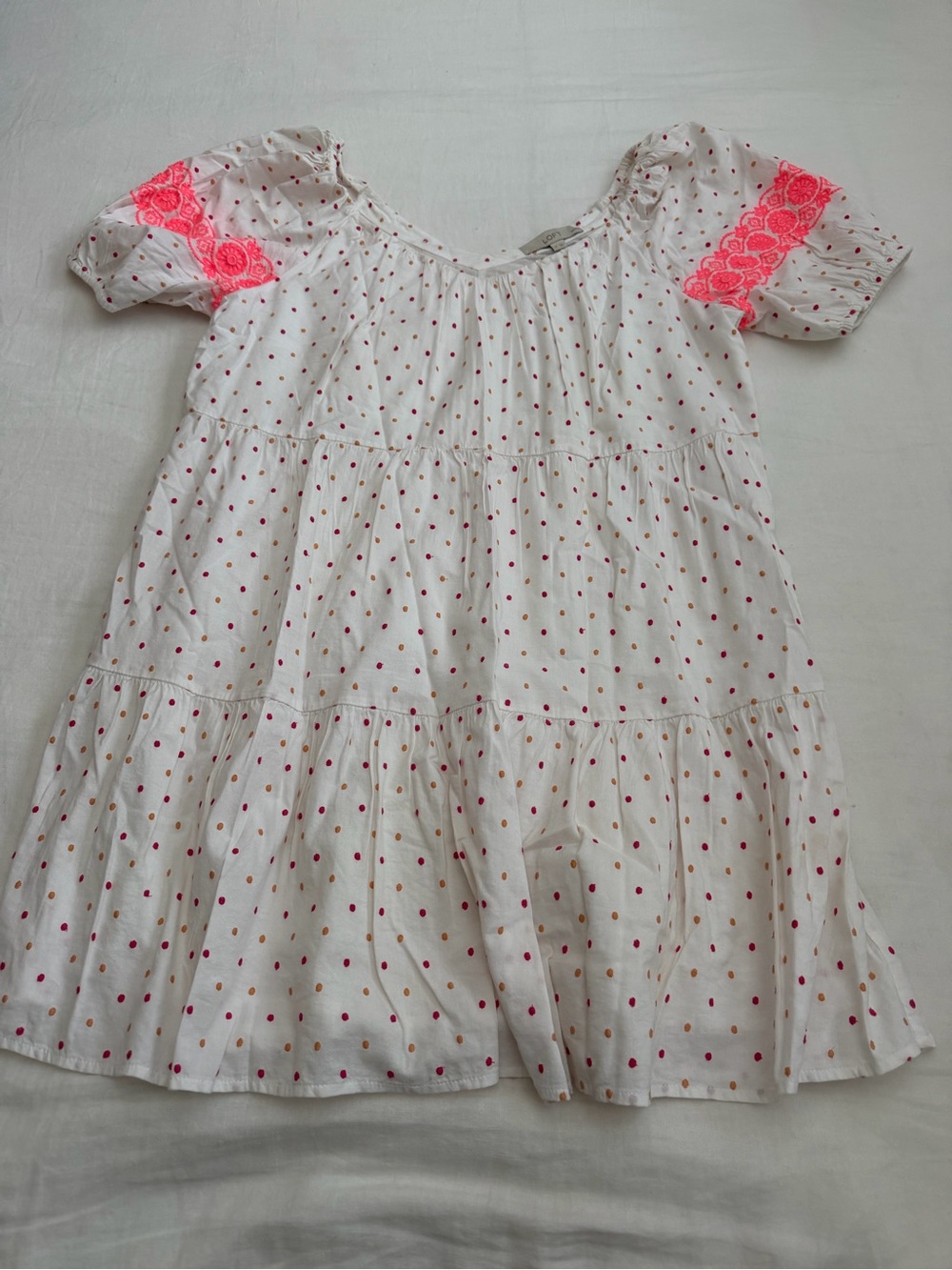 LOFT White Tiered Mini Dress with Neon Pink Dot Print and Sleeve Embroidery